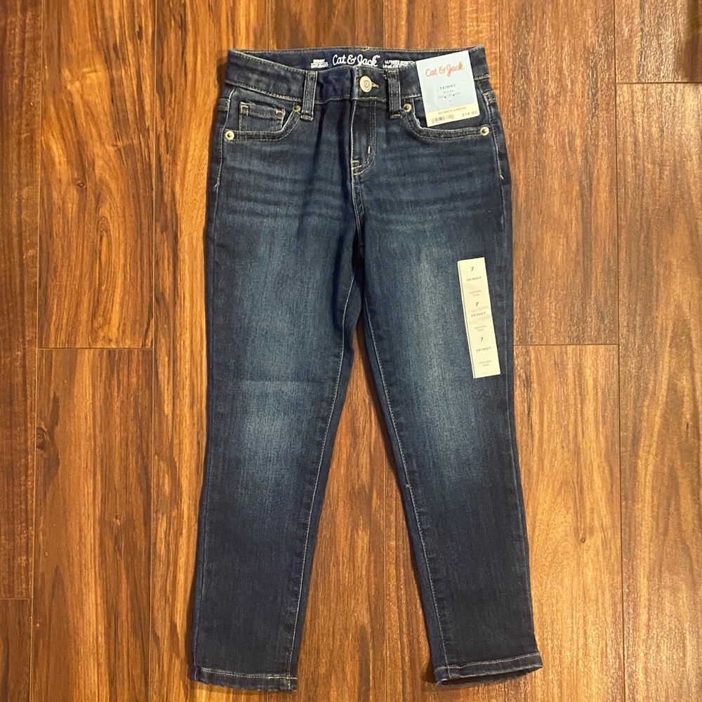 New Girls Cat & Jack Dark Blue Skinny Jeans  Mid-Rise Stretch Denim sz 7